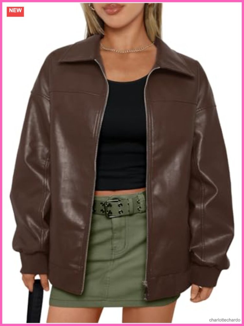 Faux Leather Oversized Zip Up Bomber Jacket